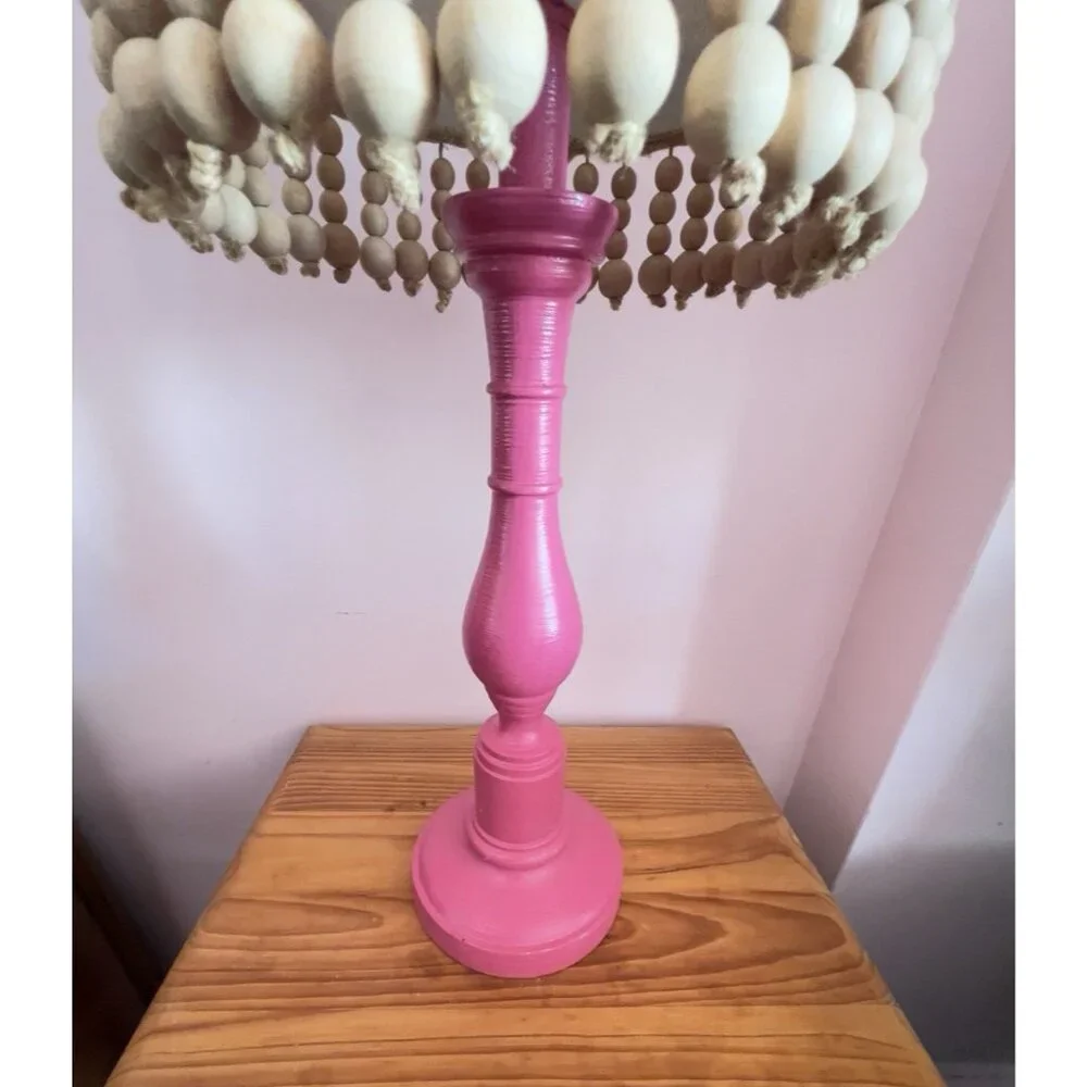 Custom Lamp Tall Burlap Shade Wood Beads Pink Unique Designer 25